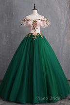 Green Off the Shoulder Floor Length Formal Prom Dresses with Appliques, Puffy Quinceanera Dresses
