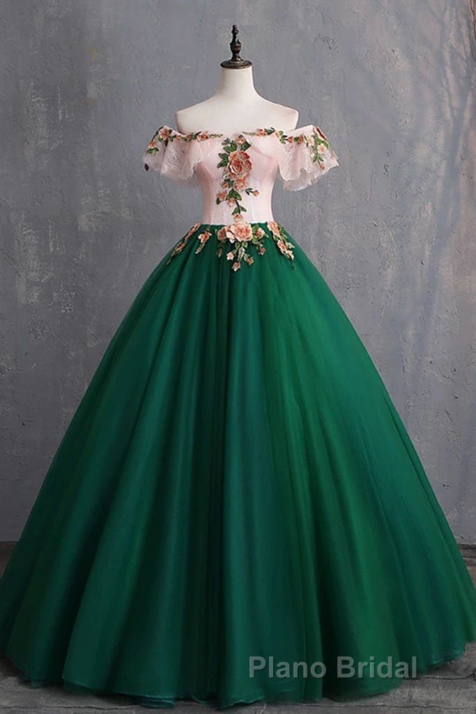 Green Off the Shoulder Floor Length Formal Prom Dresses with Appliques, Puffy Quinceanera Dresses