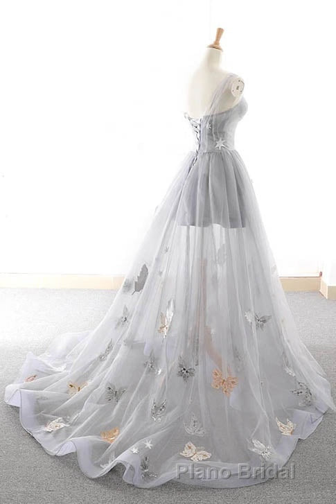 Gray Long Formal Prom Dresses with Butterfly, New Arrival Unique Evening Dresses
