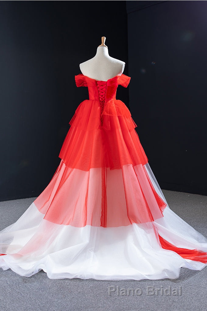 Red and White off the Shoulder Tired Formal Prom Dresses, Puffy Formal Party Dresses Secondary image