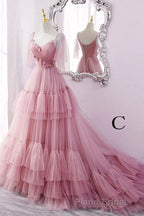 A Line V Neck New Style Tiered Long Tulle Formal Prom Dresses, Evening Gown with Flower