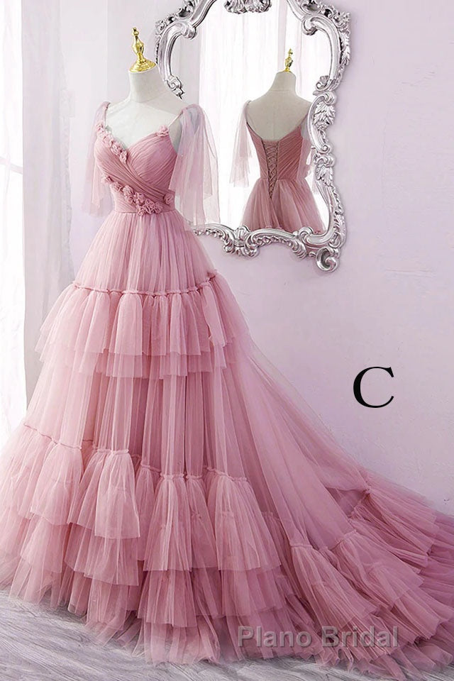 A Line V Neck New Style Tiered Long Tulle Formal Prom Dresses, Evening Gown with Flower