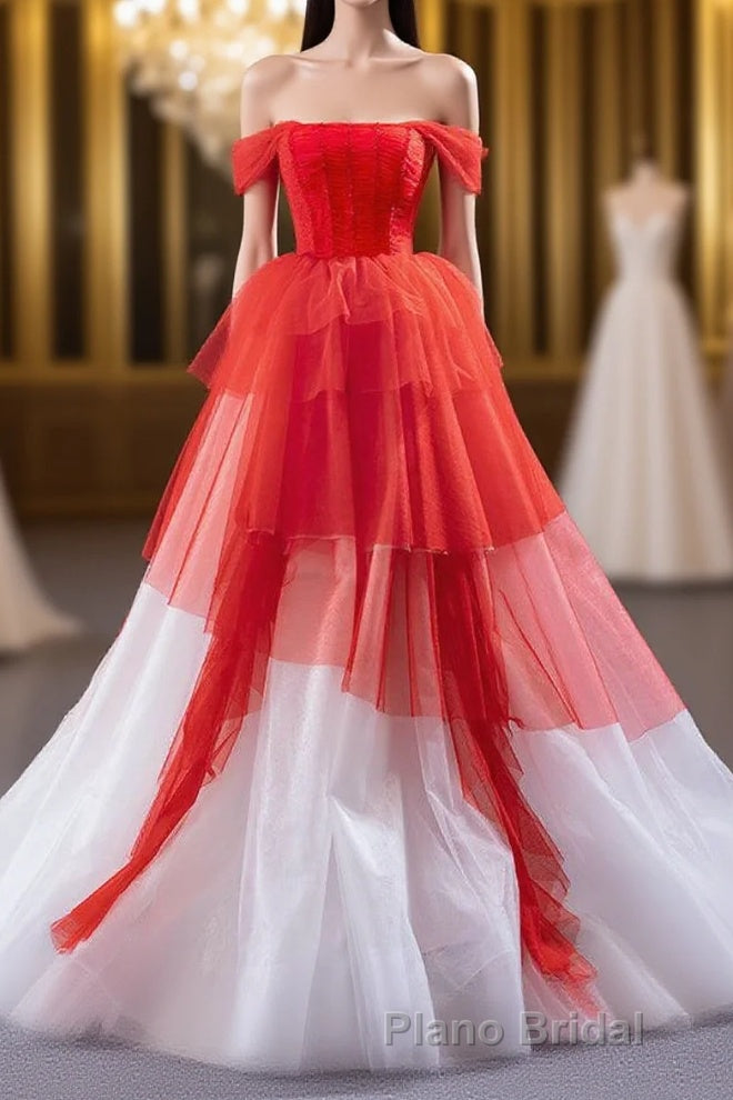 Red and White off the Shoulder Tired Formal Prom Dresses, Puffy Formal Party Dresses Main image