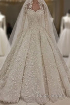 Expensive Lace Appliques Long Sleevess Ball Gown Wedding Dress