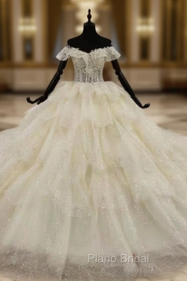 Exquisite Champagne Ball Gown Tulle Sequins Off the Shoulder Appliques Wedding Dresses Main image