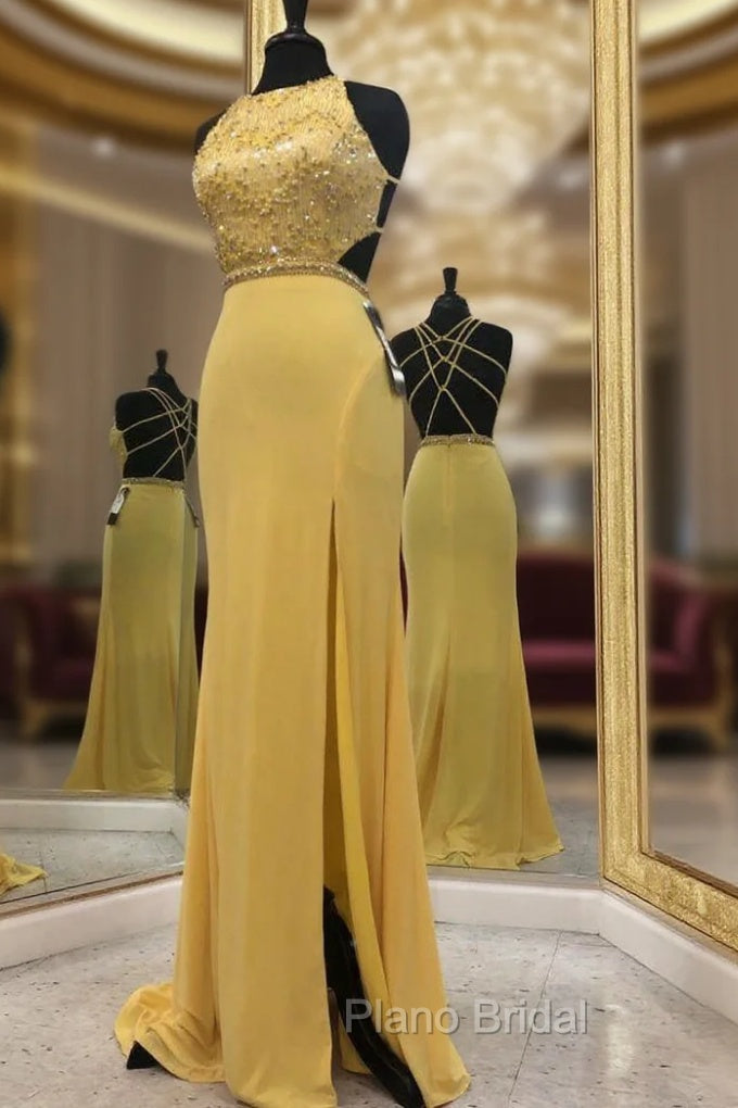 Exquisite Jewel Sleeveless Beading Formal Prom Party Gowns| Chic Front Slit Long Formal Prom Gown