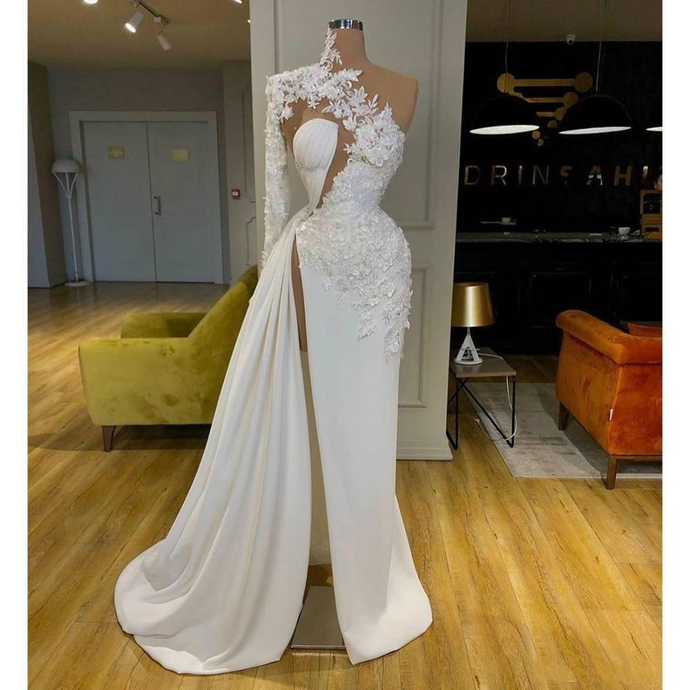 Exquisite Lace White Formal Prom Dresses High Neck One Shoulder Long Sleeve Formal Evening Gowns Side Split Robes De Mari¨¦E