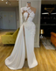 Exquisite Lace White Formal Prom Dresses High Neck One Shoulder Long Sleeve Formal Evening Gowns Side Split Robes De Mari¨¦E