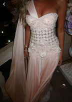 Exquisite Mermaid One Shoulder Pink Chiffon With Silver Beaded Prom Dresses Long Party Dress 18Th Birthday Outfits Prom Gown