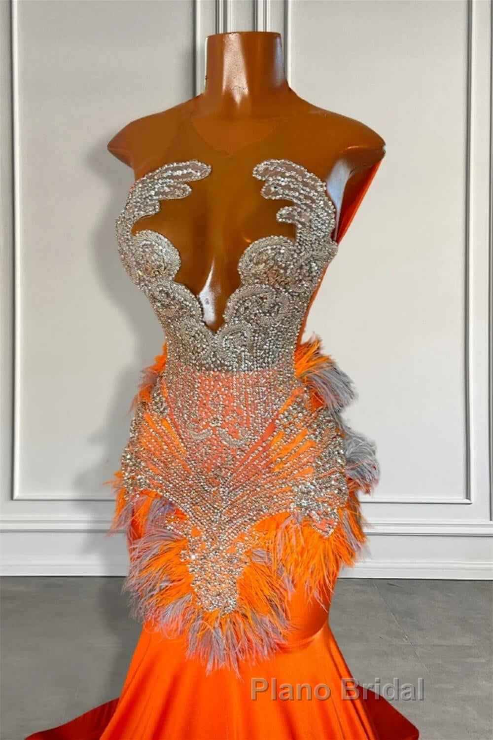 Orange Sleeveless Illusion Mermaid Formal Prom Dresses With Beadings and Feather