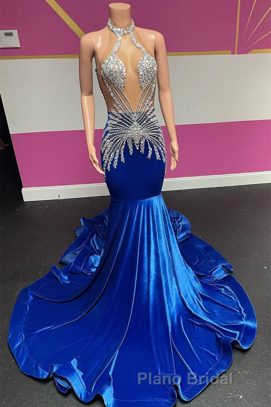 Royal Blue Halter Sleeveless Mermaid Formal Prom Dresses With Beadings Velvet