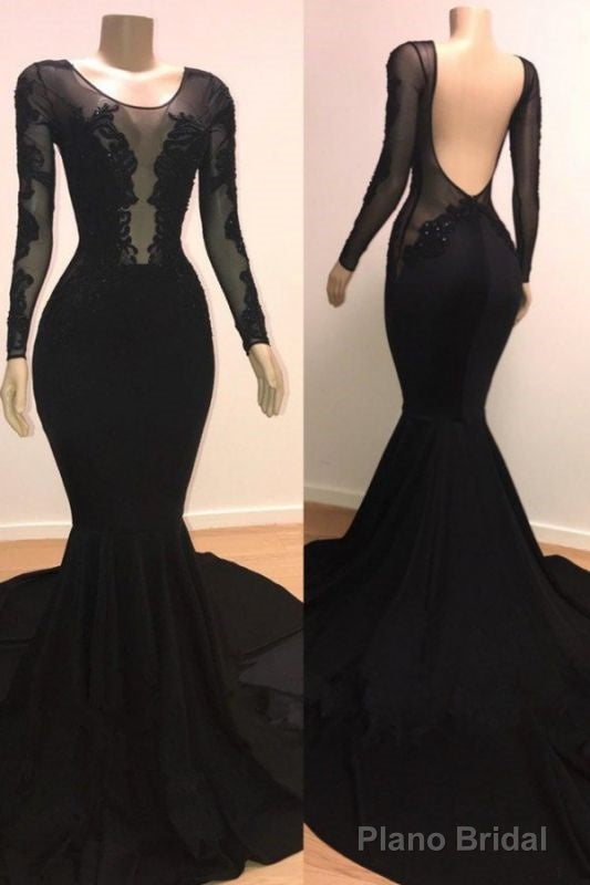 Unique Scoop Long Sleeves Backless Lace Appliques Tulle Sexy Mermaid Prom Dresses Main image
