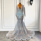 Mermaid Formal Prom Dress with Deep V-Neck Long Sleeves Beadings