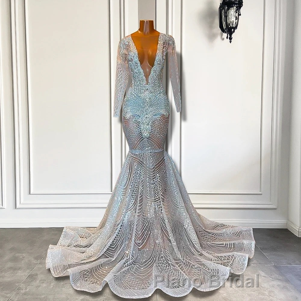 Mermaid Formal Prom Dress with Deep V-Neck Long Sleeves Beadings