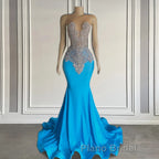 Ocean blue sleeveless mermaid Formal Prom dress with long beadings