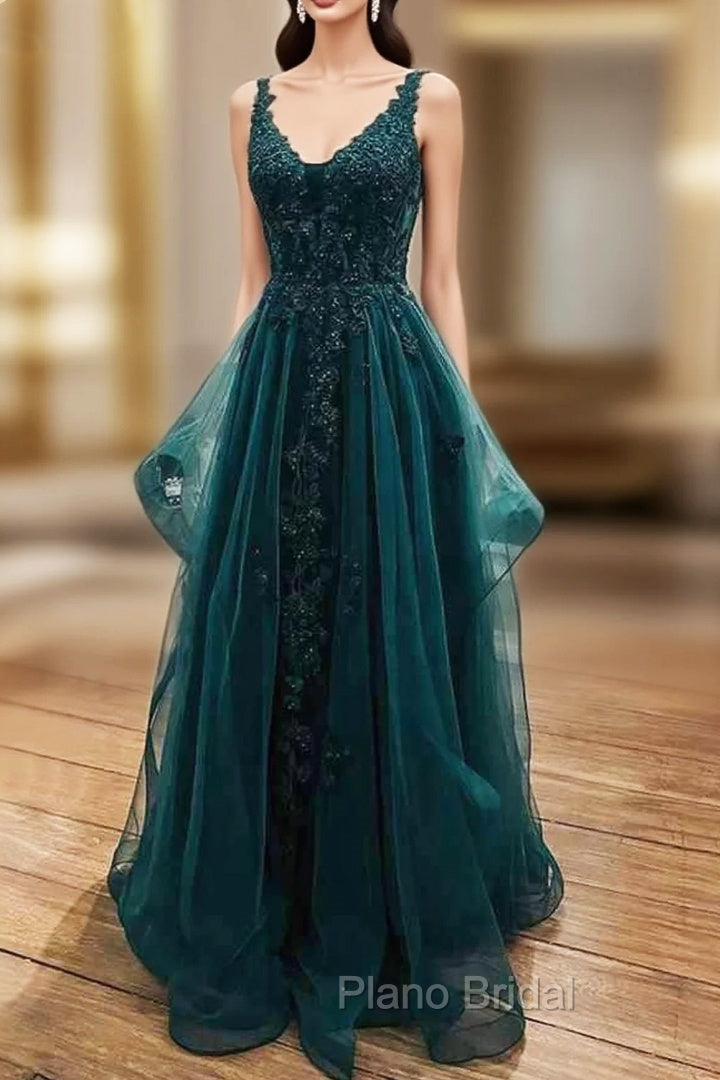 Fabulous A-line Lace With Beading Tulle Long V Neck Formal Prom Dresses Main image