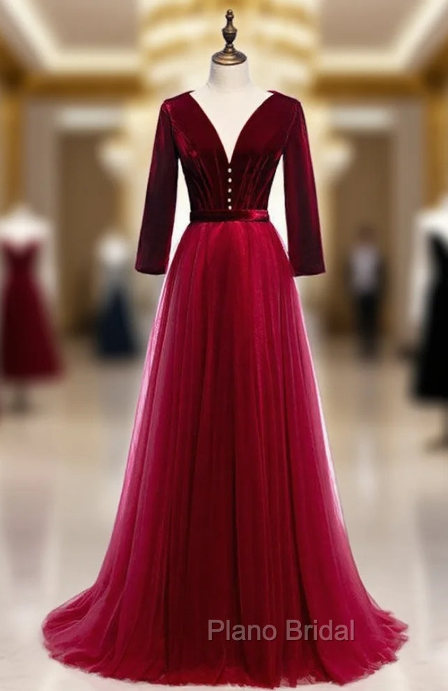 Fabulous Burgundy Tulle Velvet Long Sleeve V-neck Pleats Peom Dresses Main image