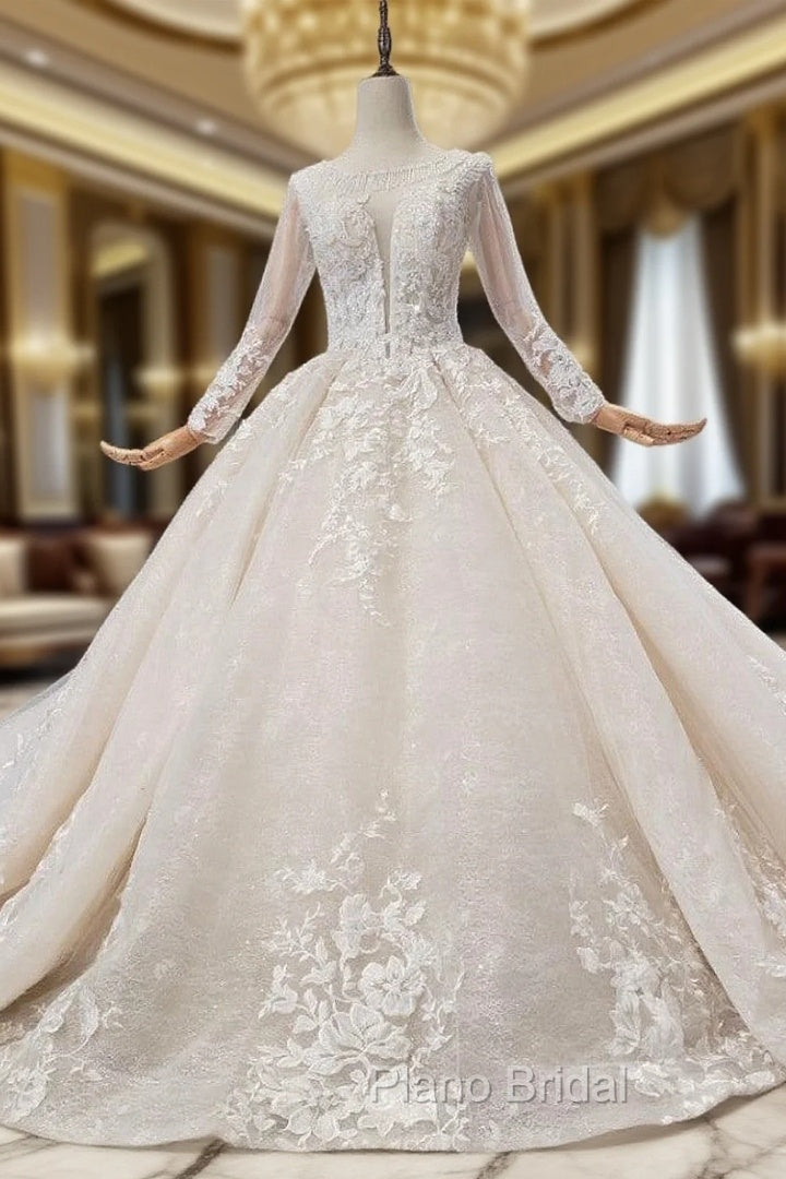 Fabulous Champagne Ball Gown Tulle Appliues Long Sleeve Beading Wedding Dresses Main image