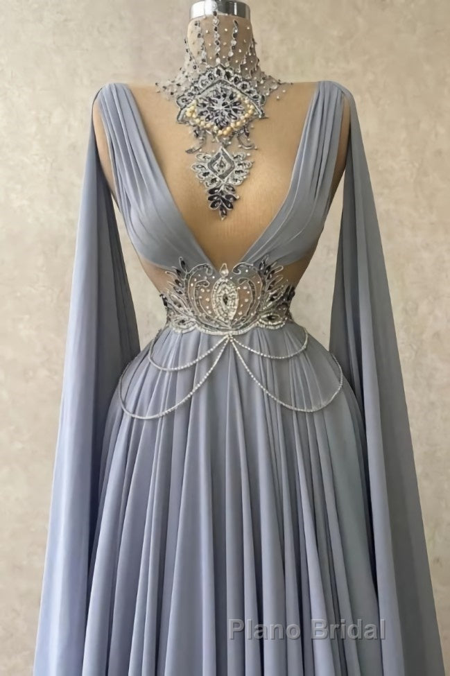 Fabulous High Neck Sleeveless Long 100D-chiffen Formal Prom Dresses With beads