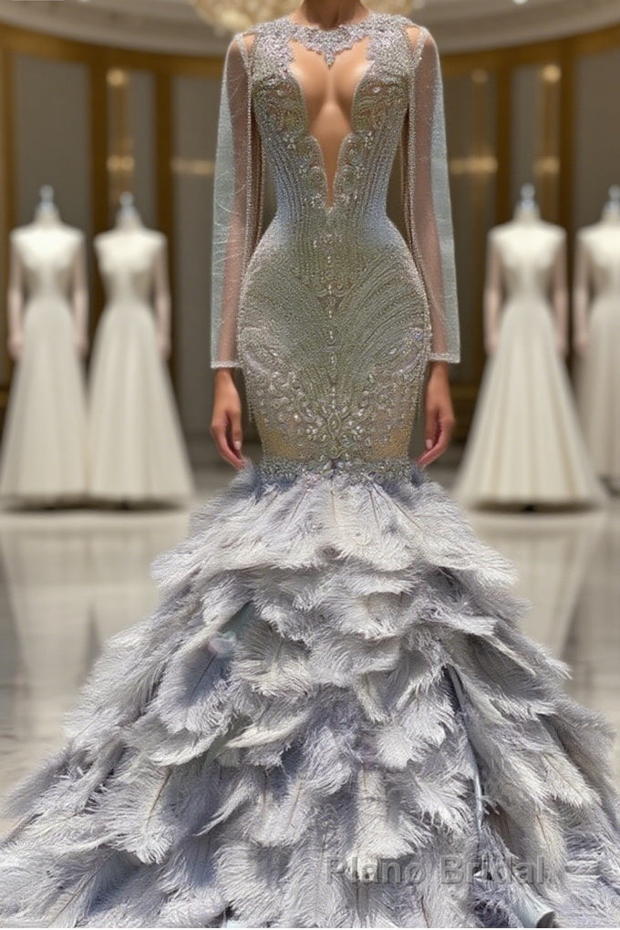 Fabulous Long Mermaid V-neck Sequined Beading Feather Tulle Formal Prom Dresses with Sleeves Main image