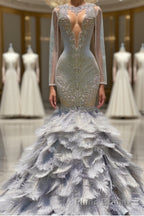Fabulous Long Mermaid V-neck Sequined Beading Feather Tulle Formal Prom Dresses with Sleeves