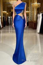 Fabulous Long Satin Column Mermaid Evening Formal Prom Dresses With Beading