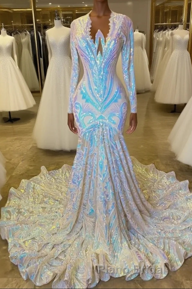 Fabulous Long Sleeves Formal Prom Dress Mermaid Sequins On Sale Main image