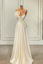 Fabulous White Satin Evening Prom Dresses With Ruffles