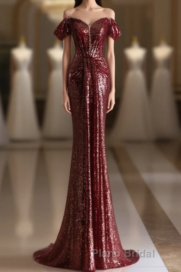 Simple Off Shoulder Sequin Burgundy Long Formal Prom Dress, Burgundy Long Evening Dress Main image