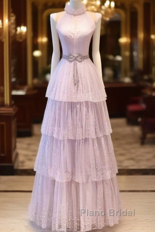 Fairy A Line High Neckline Pink Long Tulle Formal Prom Dresses 22Th Birthday Outfit