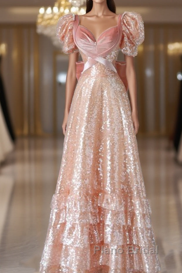Fairy A Line Short Sleeves Sequin Long Formal Prom Dresses Main image