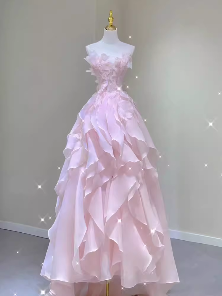 Fairy A Line Sleeveless Pink Long Floral Formal Prom Dresses
