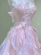 Fairy A Line Sleeveless Pink Long Floral Formal Prom Dresses