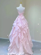 Fairy A Line Sleeveless Pink Long Floral Formal Prom Dresses