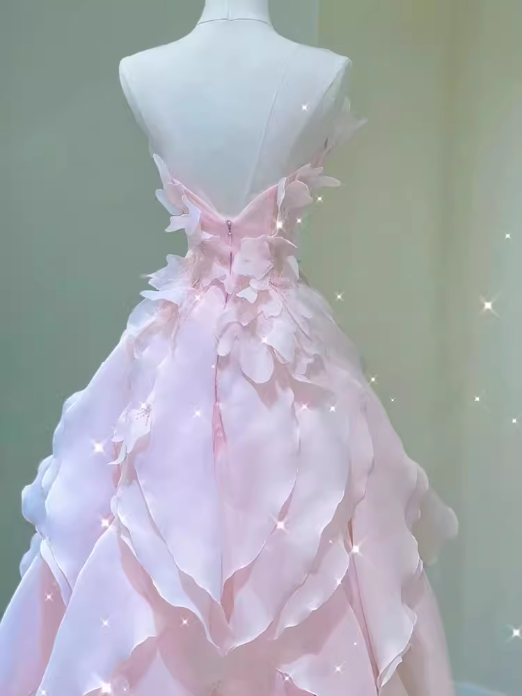 Fairy A Line Sleeveless Pink Long Floral Formal Prom Dresses