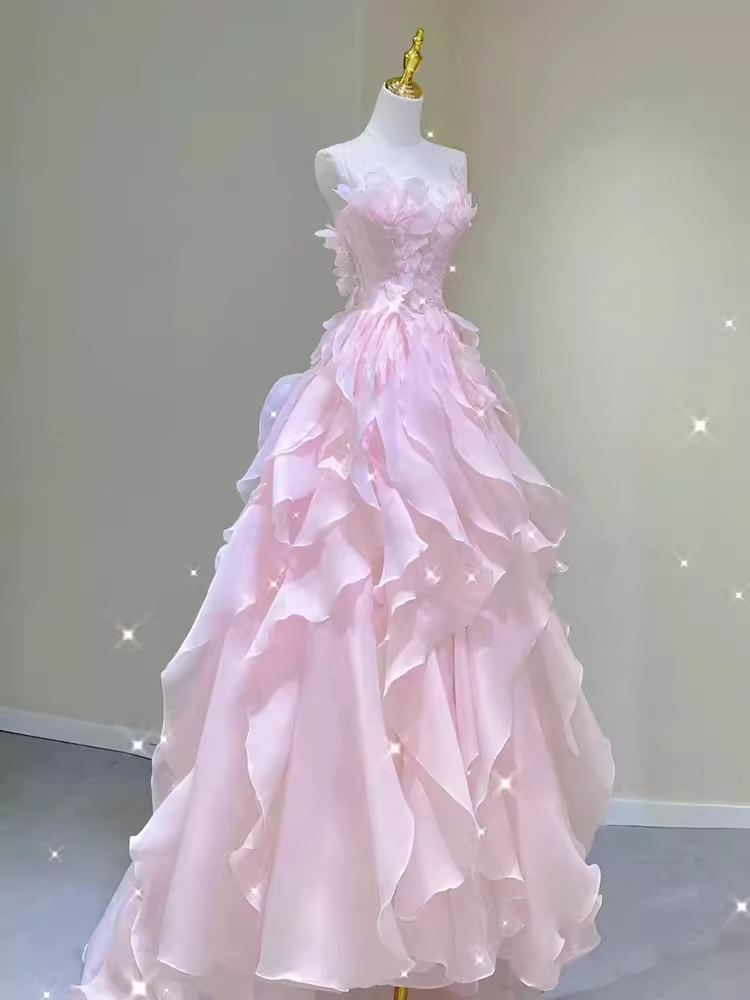 Fairy A Line Sleeveless Pink Long Floral Formal Prom Dresses Main image