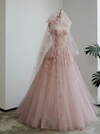 Fairy A Line Spaghetti Straps Pink Tulle Formal Prom Dresses For Teens