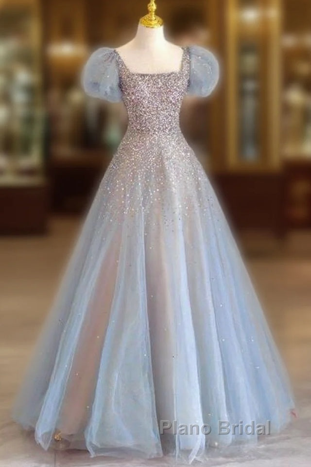 Fairy A Line Square Neckline Tulle Long Blue Formal Prom Dresses Main image