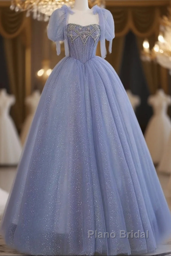Fairy A Line Straps Tulle Long Blue Formal Prom Dresses
