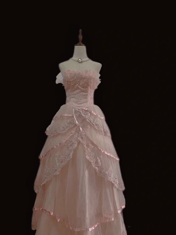 Fairy Ball Gown Strapless Pink Lace Formal Prom Dresses Long Formal Evening Dresses
