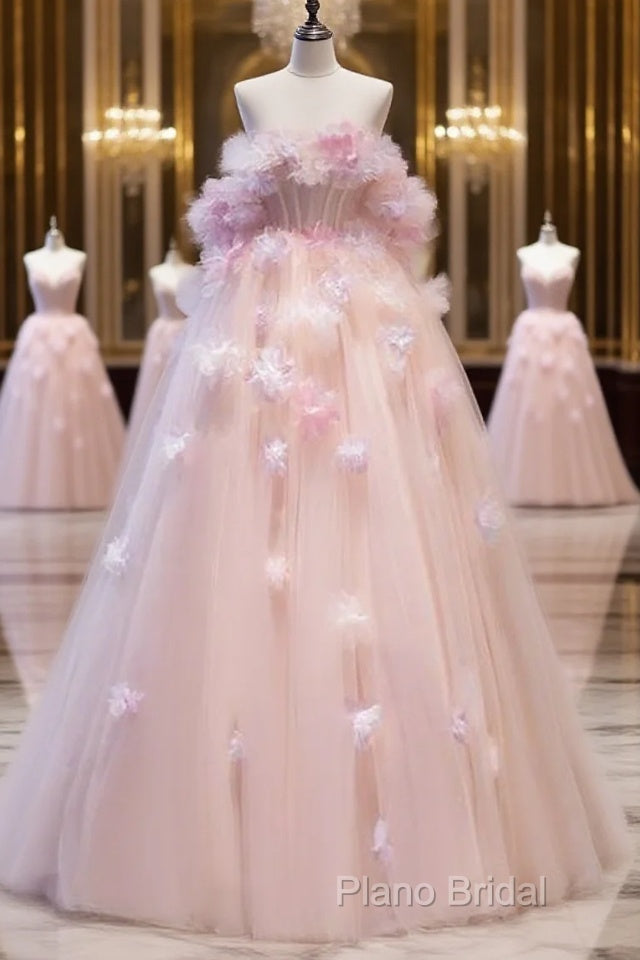 Fairy Ball Gown Strapless Pink Tulle Formal Prom Dresses Long Party Dresses