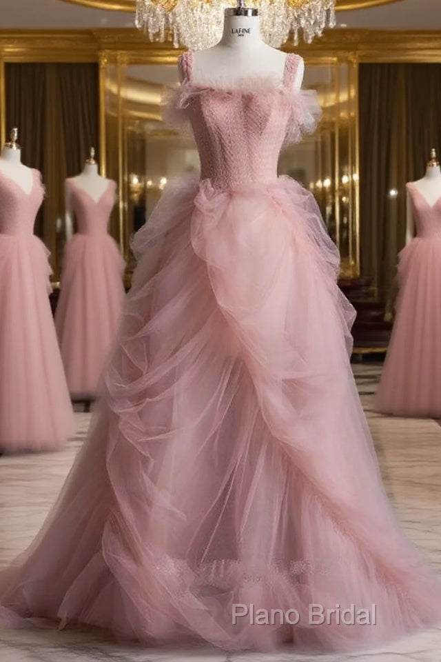 Fairy Ball Gown Straps Pink Tulle Formal Prom Dresses For Teens Main image