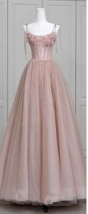 Fairy Ball Gown Straps Pink Tulle Formal Prom Dresses Long Formal Dresses
