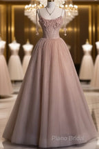 Fairy Ball Gown Straps Pink Tulle Formal Prom Dresses Long Formal Dresses