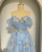 Fairy Blue Tulle Off Shoulder Lace Embroidery Dresses