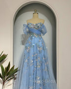 Fairy Blue Tulle Off Shoulder Lace Embroidery Dresses