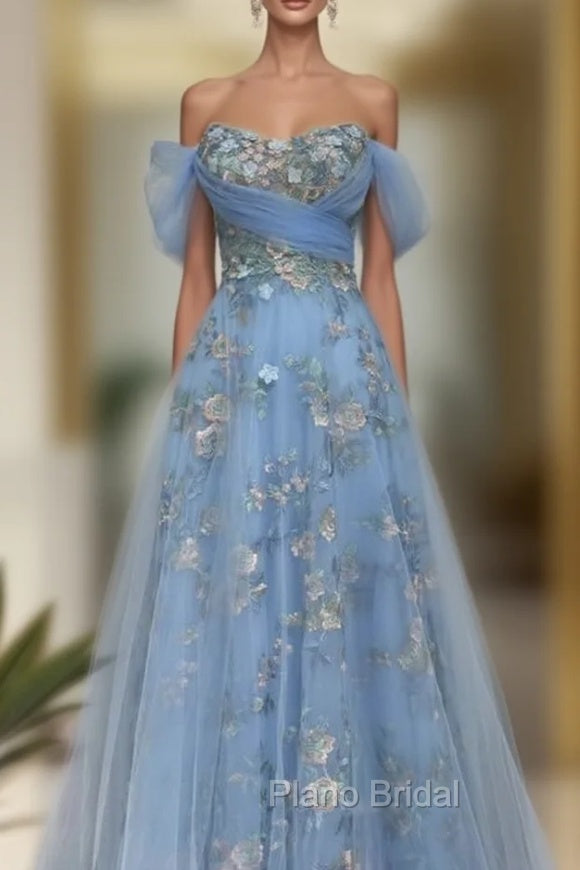 Fairy Blue Tulle Off Shoulder Lace Embroidery Dresses Main image