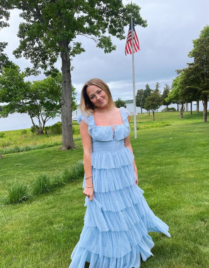 Fairy Sky Blue Sequare Neck Tiered Tulle Formal Evening Dresses Long Formal Prom Dresses