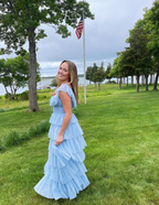 Fairy Sky Blue Sequare Neck Tiered Tulle Formal Evening Dresses Long Formal Prom Dresses
