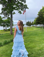 Fairy Sky Blue Sequare Neck Tiered Tulle Formal Evening Dresses Long Formal Prom Dresses